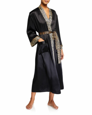 Neiman Marcus Leopard-Trim Silk Long Black Robe L24014 Size S/M