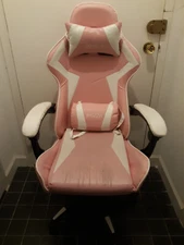 Bigzzia Pink and White Gaming Chair with Headrest and Lumbar Support Pillows
