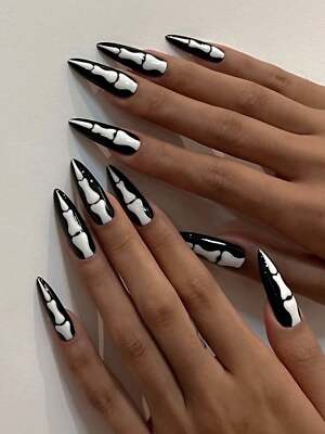 24pcs Long Almond Skeleton Fake Nail Halloween Nails False Nails Press On Nails