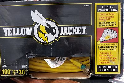 Yellow Jacket 100' 12/3 15amp lighted powerblock cord  #2820 NEW
