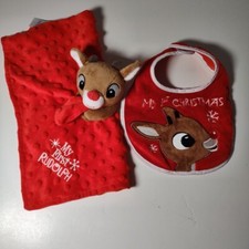 My First Rudolph 12" Security Blanket Baby Lovey  My 1st Christmas Bib Set
