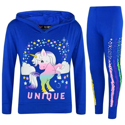 Enfants Filles Dabbing Royal Bleu Haut Leggings Floss Unique Licorne À Tracksuit - Photo 1/2