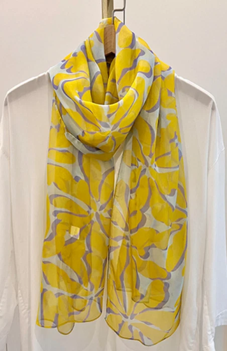 Bufanda 100 % seda para mujer pañuelo chal envolvente fino floral amarillo gris JH42-15 Foto 2 de 4