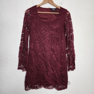 Lulus Natural Burgundy Long Sleeve Lace Dress Women's Size