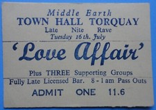 Love Affair Concert Ticket July 16, 1968 Town Hall, Torquay, Devon, England