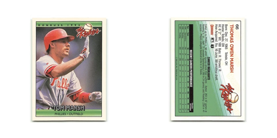 Tom Marsh Rookie 1992 Donruss The Rookies #66 Philadelphia Phillies NM - Image 3 of 3