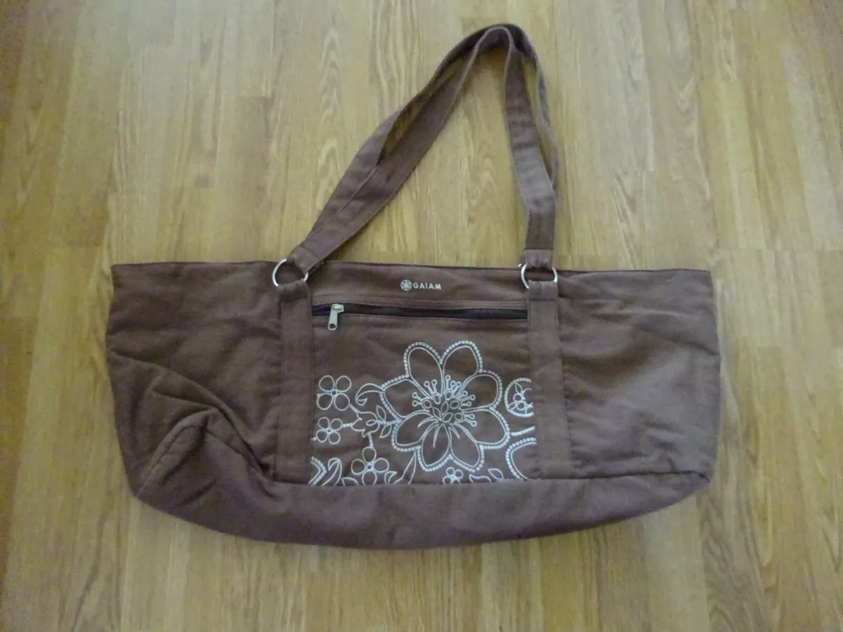 Gaiam Embroidered Flower Yoga Mat Bag Brown with Beige Interior Duffle Gym