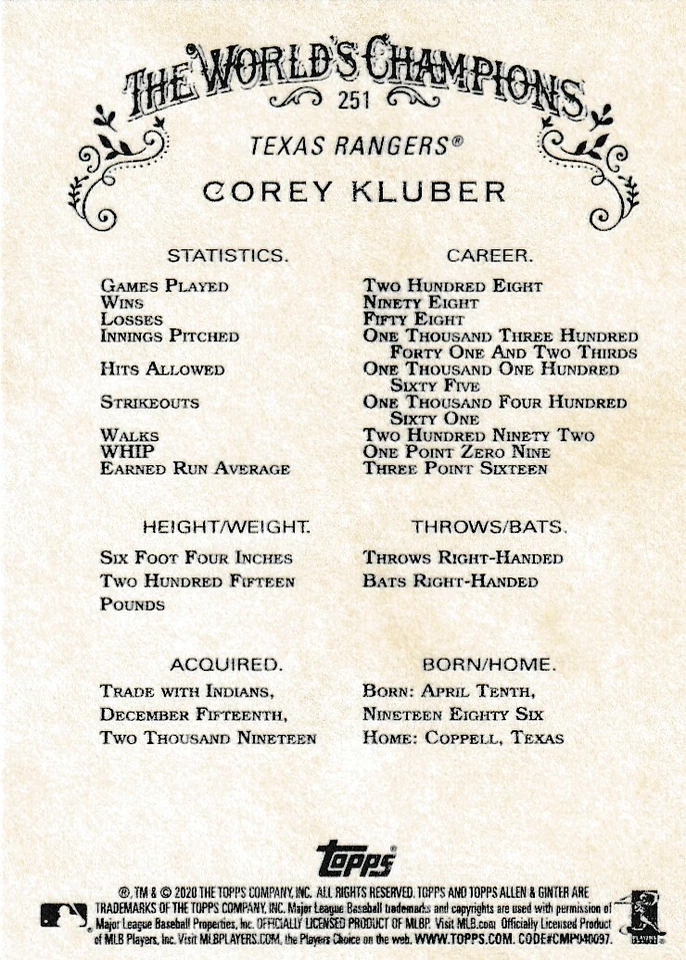 2020 TOPPS ALLEN & GINTER COREY KLUBER TEXAS RANGERS BASEBALL B4138 - Image 2 of 2