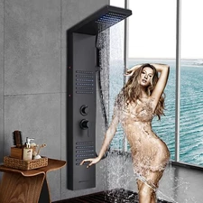 Black Shower Panel Tower System Stainless Steel Shower Faucet LED Rain&Waterfall