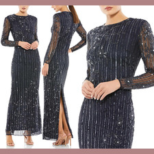 NWT $598 Mac Duggal [ 16 ] Embellished High Neck Long Sleeve Gown Blue G1292