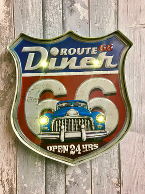 Vintage Metall 3D LED Logo Diner Schild Route 66 Garage Auto Mann Höhle Wandtafel