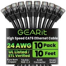 10-Pack 10 ft Black Cat6 Ethernet Cable, 10 Gbps, RJ45, Snagless, Gold, Patch