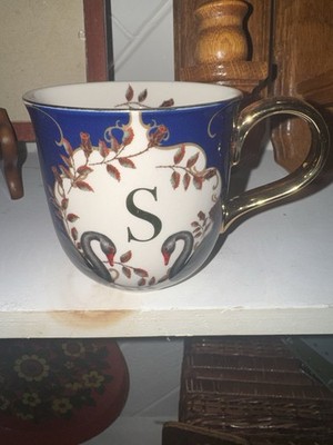 Lou Rota ANTHROPOLOGIE Nature Table Monogram 12oz Mug Letter ''S'' Swan EUC