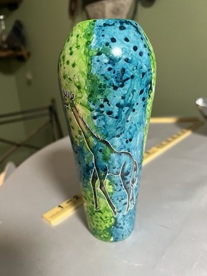 Vintage African Soapstone Vase 8'' Hand Carved Kenya Kisii Giraffe Art Blue Green