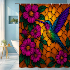 Colorful Hummingbird Floral Shower Curtain - Stained Glass Style