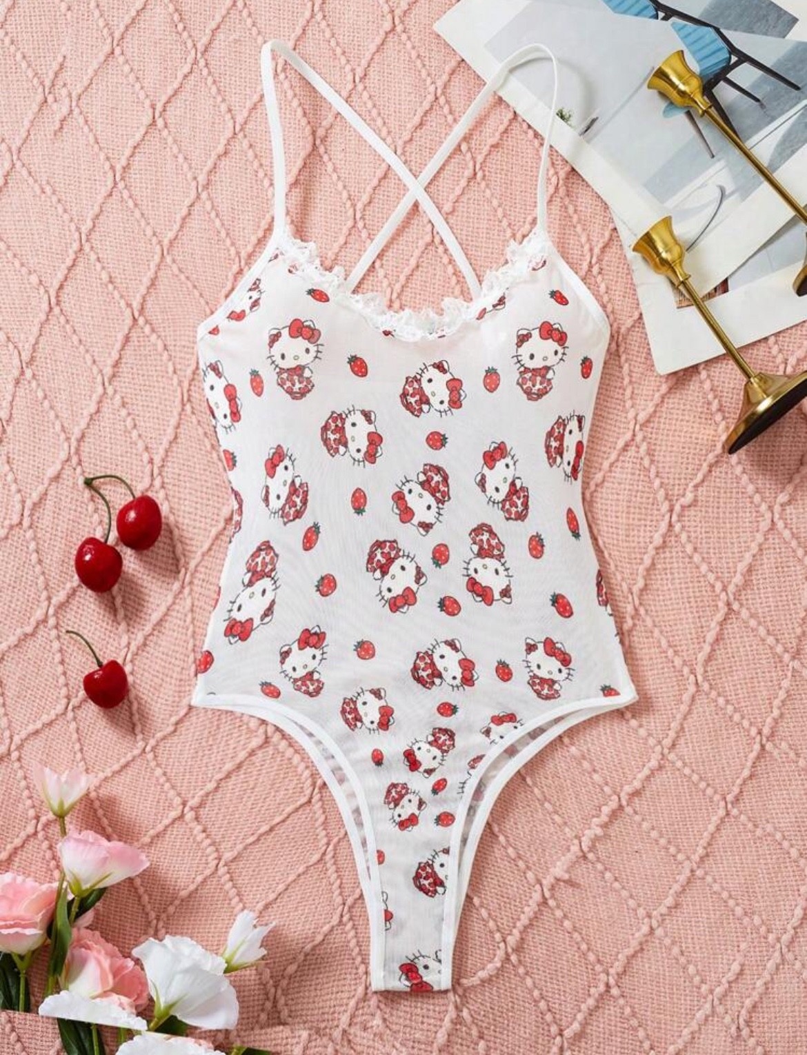 Sanrio Authentic Hello Kitty &Friends Kawaii y2k Lace Accent Mesh Body Suits S-L