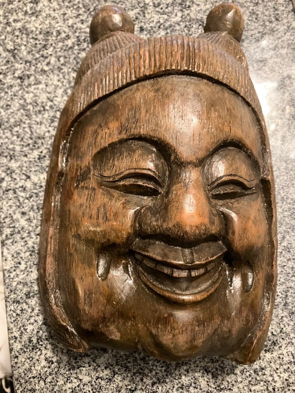 ANTIQUE NOH MASK SINGLE PIECE WOOD CARVING ASIAN JAPAN THEATRICAL WALL-HANGING