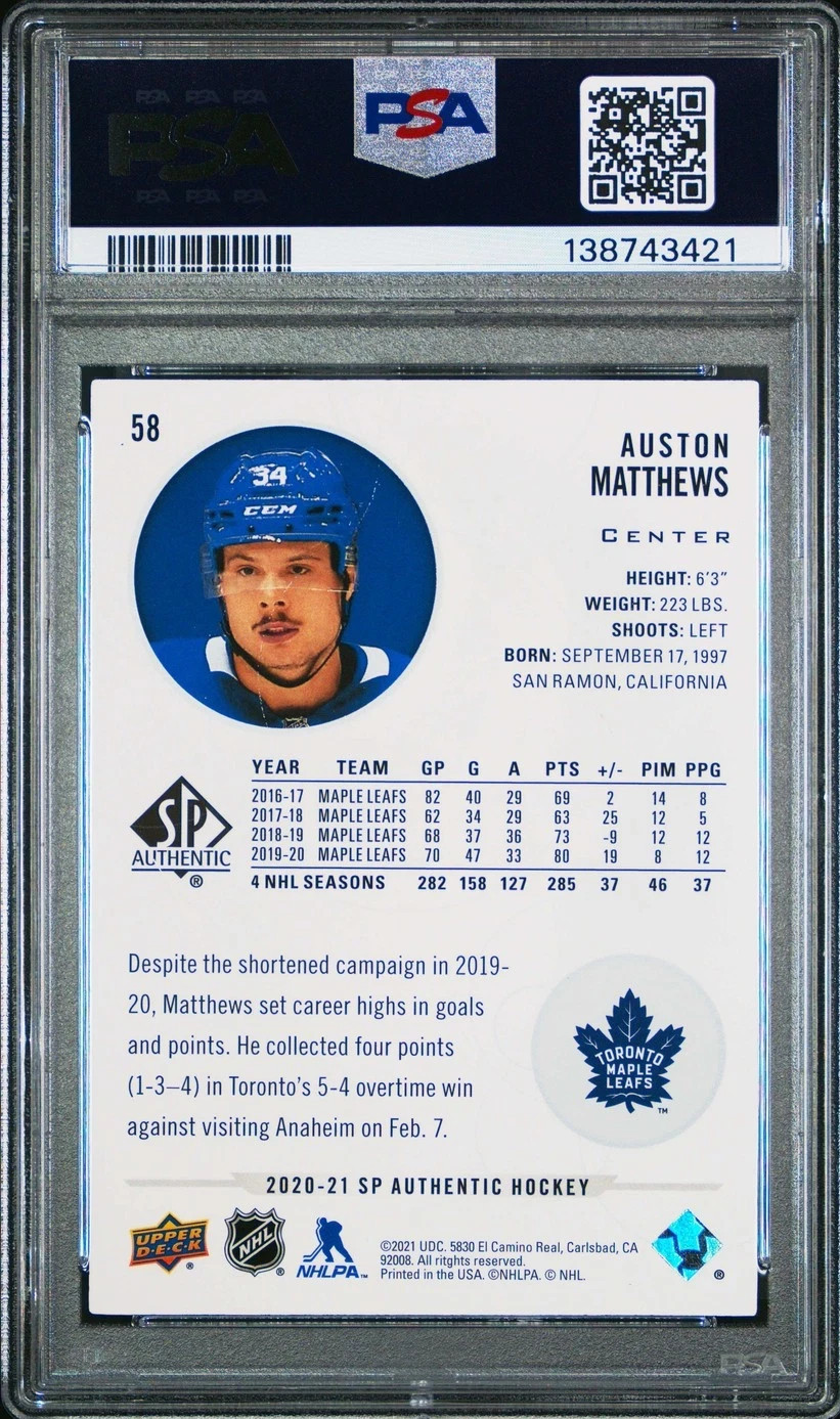 2020 SP AUTHENTIC AUSTON MATTHEWS #58 TORONTO MAPLE LEAFS PSA 10 view 2