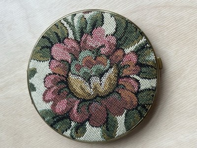 Vtg Saks Fifth Avenue Petit Point Floral Compact Double Mirror Brass 1950s
