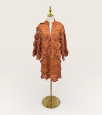 J.Marie Seraphina Shift Dress XS Burnt Orange Floral 3D Lace 3/4 Sleeve Kaftan