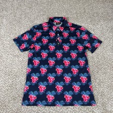 Bad Birdie Polo Shirt Mens Medium Navy Blue Pink Tropical Floral Hibiscus Golf