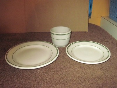 Vtg. Restaurant Ware Sm. Dishes, all White with Green Stripes, Different Makers