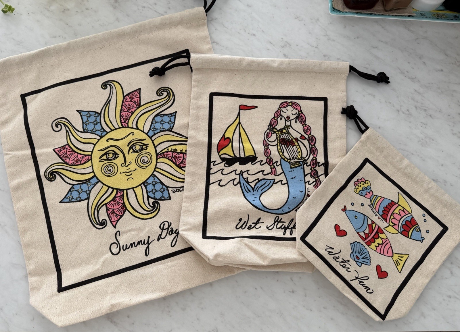 Brighton Sea Breeze Travel Set/3 Cotton Canvas Bags Mermaid Fish Sun