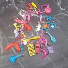 RETRO 1980's 22 Plastic Bell Charms Clip On Vintage 80's Pink Chain Necklace