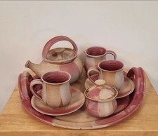 Handcrafted Stoneware Rustic Pink and Beige Teaset And Tray Artisinal Unique