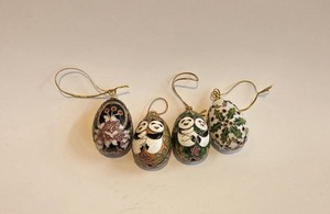 4 Cloisonne Hanging Ornaments 2 Panda 2 Floral Enamel and Metal, 2 1/2 Inches