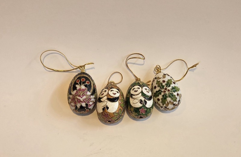 4 Cloisonne Hanging Ornaments 2 Panda 2 Floral Enamel and Metal, 2 1/2 Inches