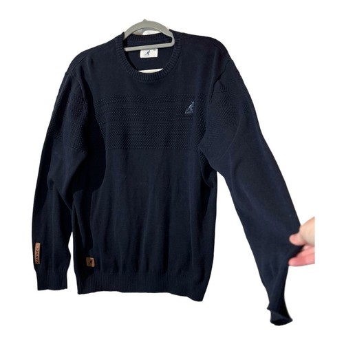 Kangol Cotton Crewneck Sweater L Navy Blue Logo Patch Classic Knit Long Sleeve - Picture 2 of 9