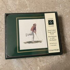 Vintage Lady Clare Golf Coasters Set Made in England Lacquered Wood Cork W/box