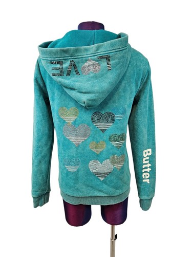 Butter Teal Hooded Sweatshirt Rhinestone Love & Hearts Lace Up Neckline XL Girls