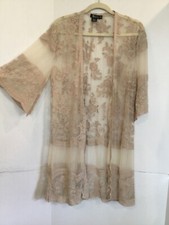MISS CHIEVOUS Sheer Ecru Floral Lace Long Duster Kimono Open Front S M 40  Chst