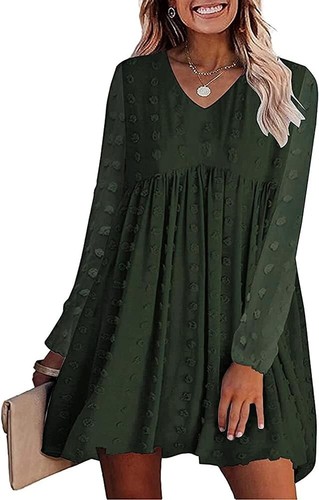 KIRUNDO Green Dress Long Sleeves V Neck Flowy Mini Dress Swiss Dot High Waist XL
