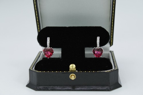 White Gold Finish Created Diamond And Ruby Heart Cut Lever Back Dangle Earrings - Picture 2 of 7