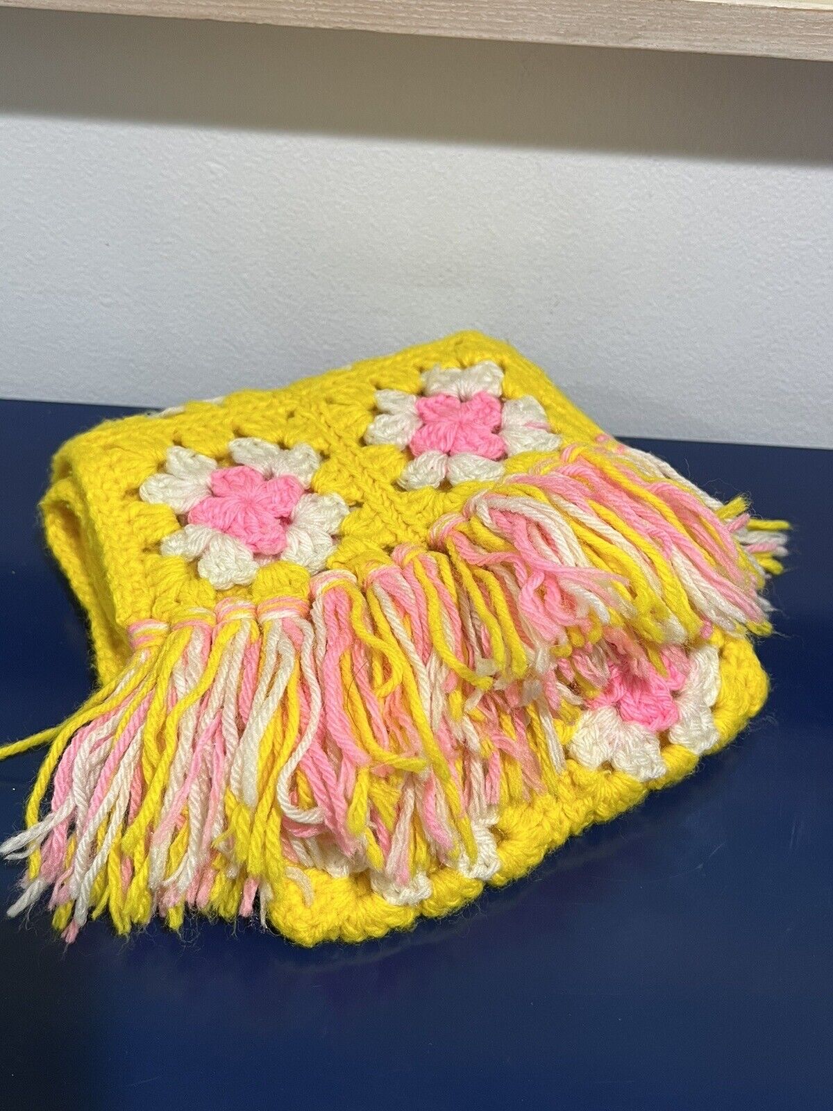 Granny Square Floral Crocheted Scarf Yellow Pink … - image 1