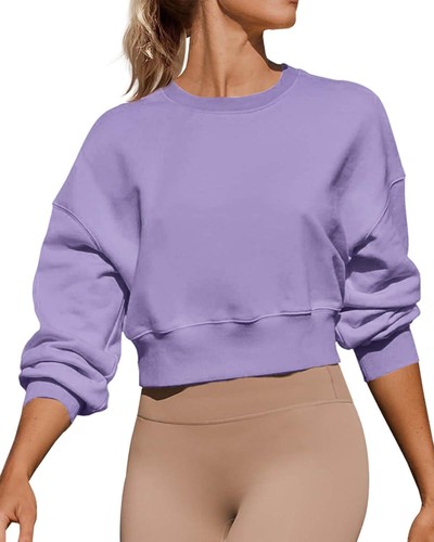 Women's Long Sleeve Round Neck Cropped Sweatshirts Cute Loose Fit Pullover Tops