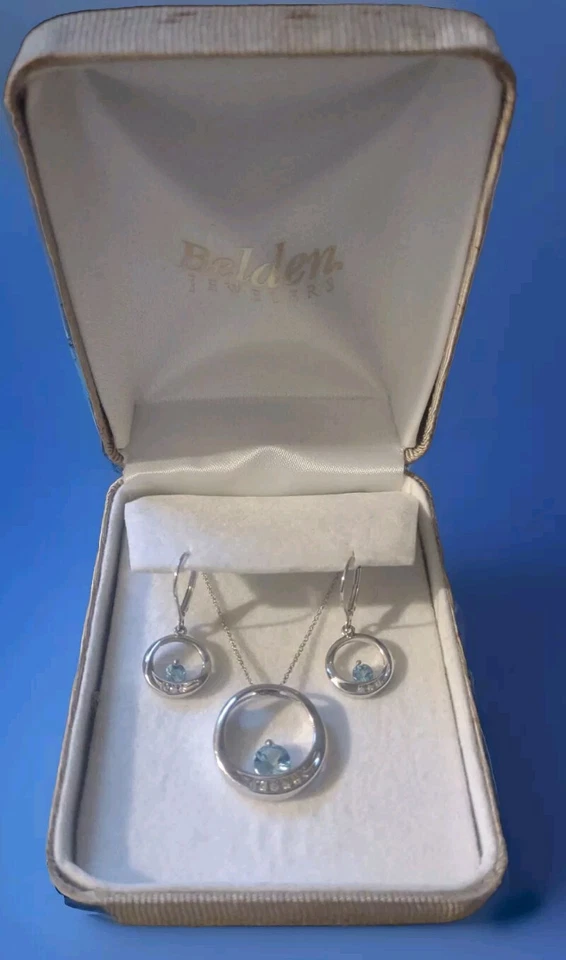 Andin 10KT WG TOPACIO AZUL Y DIAMANTE COLGANTE 18" CADENA Y PENDIENTES 5,1g TW Foto 2 de 3