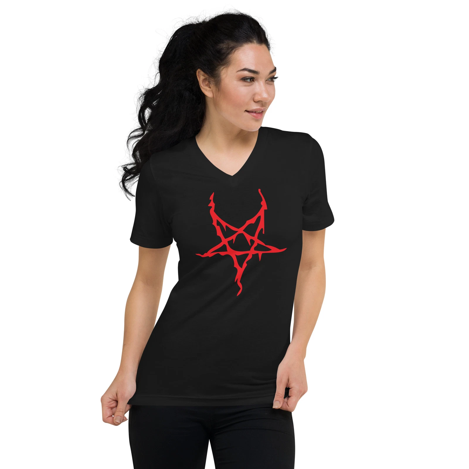 Red Melting Inverted Pentagram Black Metal Unisex Short Sleeve V-Neck T-Shirt