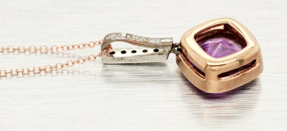 Vintage Square Amethyst & Diamond Pendant - 14k Rose Gold Necklace - 18" - Image 4 of 4