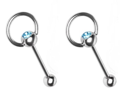 2 PCS 14g AQUA Color 5mm GEM Surgical Steel SLAVE Tongue Barbells