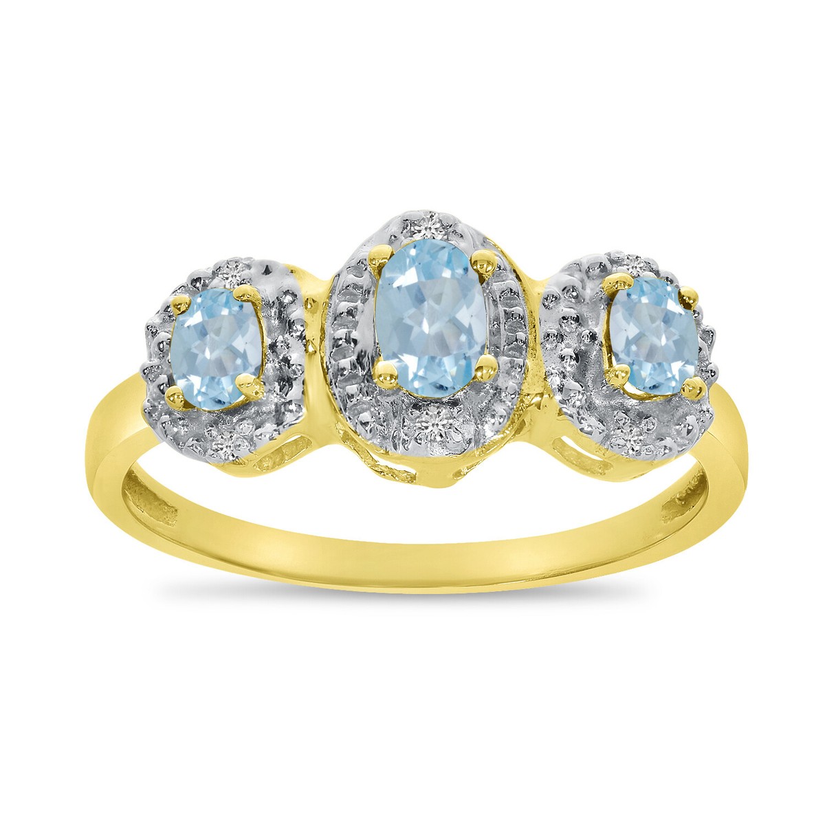 10k Yellow Gold Oval Aquamarine And Diamond Three Stone Ring