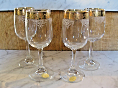24K GOLD  Cellini Beautiful Etched Blown Crystal WineGlasses Set of 4 Gold Trim