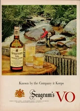 1953 Seagram's Canadian Whiskey Vintage Print Ad Fisherman Fishing Fish Stream