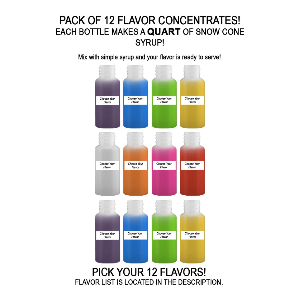SUMMER SNOW ENTERTAINMENT Shaved Ice Sno Cone Flavor Syrup Mix Concentrate Snow Kone Mix **12 PACK*** 1oz