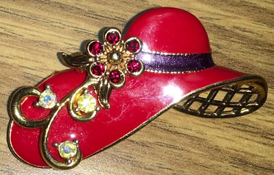 Red Hat Society Pin Colorful Collectible Beautiful Nice Pin Brooch Very Pretty !