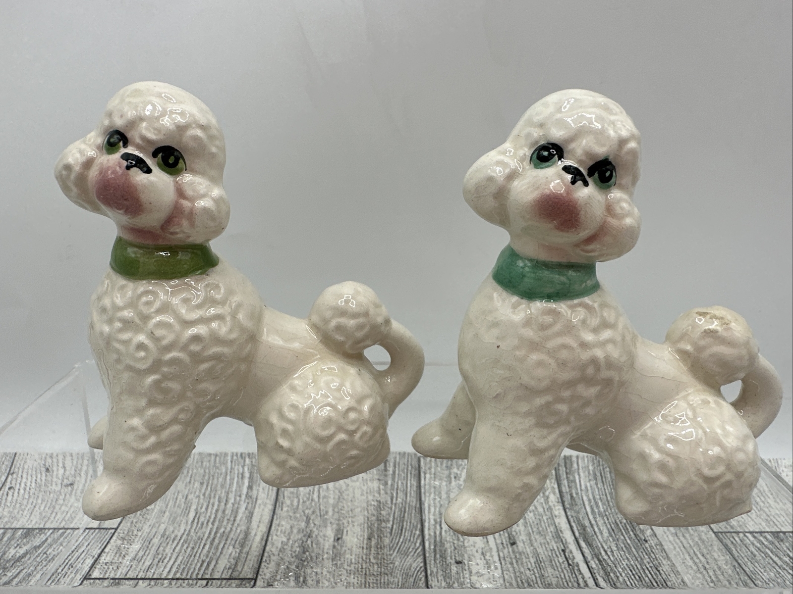 Ceramic Poodle Figurines Lot of 2 Green Collar Blue Eye 3.5