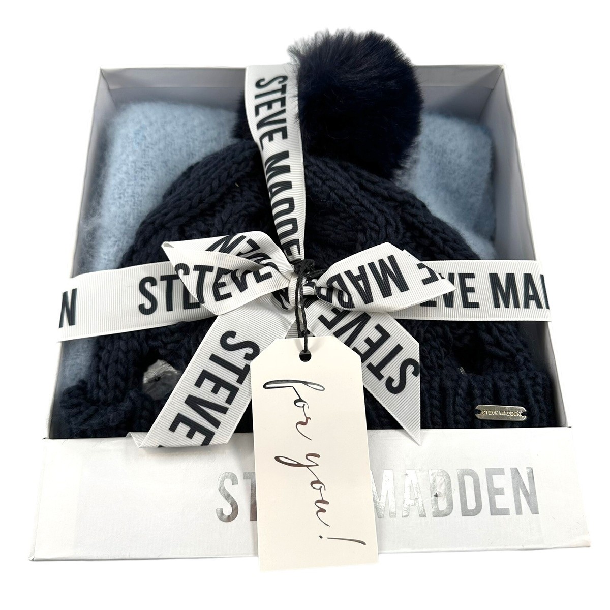 Steve Madden Fringe cable knit Scarf pom pom Beanie Set navy blue giftset